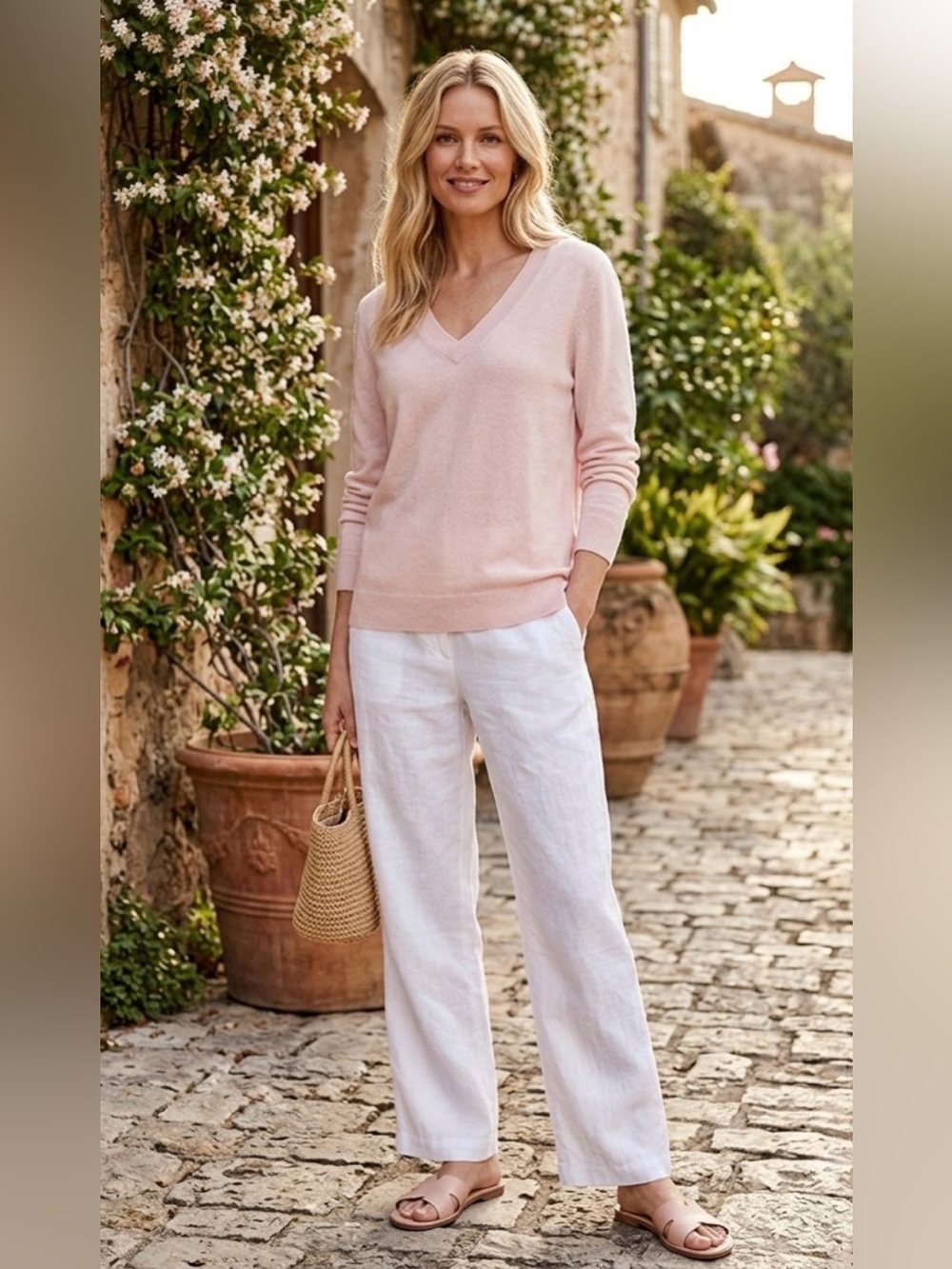 Quince 100% Cashmere Pale Pink V-Neck Sweater